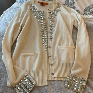 Tory Burch Cashmere Rhinestone Cardigan Cream Sweater